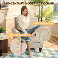 PrimeZone Comfy Accent Chair, Mid-Century Modern Fabric Living Room Chair Reading Chair with Soft Cushion, Nailhead Trim & Rolled Armrest, Arm Chair Sofa Chairs for Bedroom Waiting Room Office, Beige - Image 8