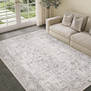 Gray Area Rug 5x7 Machine Washable Vintage Living Room Distressed Non Slip Carpet Traditional Indoor Bedroom Grey Retro Floral Accent Throw Large Rug for Office Kitchen Bathroom Dining Room