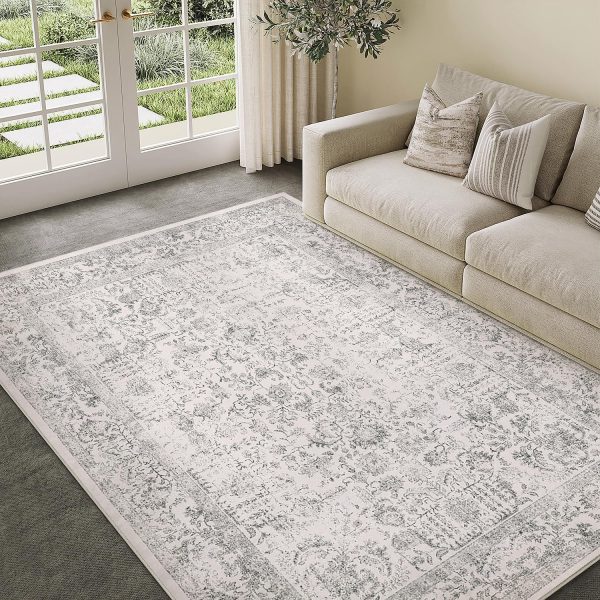 Gray Area Rug 5x7 Machine Washable Vintage Living Room Distressed Non Slip Carpet Traditional Indoor Bedroom Grey Retro Floral Accent Throw Large Rug for Office Kitchen Bathroom Dining Room