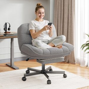 Faux Fur Cross Legged Office Chair with Foot Rest, 6.3" Thick Cushioned Criss Cross Chair with Wheels, Height Adjustable Swivel Vanity Chair for All-Day Comfort (Grey)
