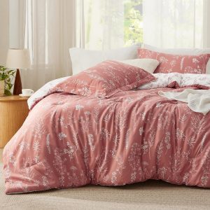 Bedsure Queen Comforter Set - Grayish Pink Bed Set, 3 Pieces Cute Floral Bedding, 1 Soft Reversible Botanical Flowers Comforter and 2 Pillow Shams