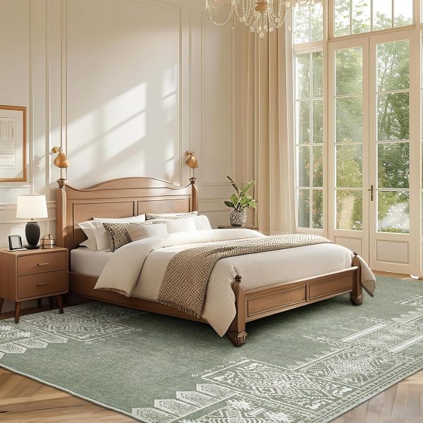 NICETOWN Washable 5x8 Green Area Rugs for Living Room, Ultra-Thin 5x8 Washable Christmas Rugs for Bedroom, Non-Slip Soft Large Bedroom Carpet Non Shedding for Dining Room Office, Sage Green