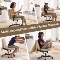 Fizzin Criss Cross Chair,Cross Legged Chair with Wheels and Arms,27" Wide Seat Office Desk Chair with Flipable Back Cushion,Mid Back Beige Swivel Chair for Home Office,Bedroom Vanity(Beige) - Image 3