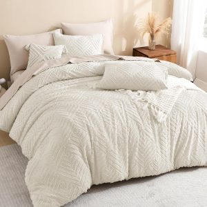 Litanika King Size Comforter Set Beige, 3 Pieces Cream Tufted Boho Farmhouse Bedding Comforter Sets, Lightweight Fluffy Comforter Bed Set for All Season (104x90In Comforter and 2 Pillowcases)