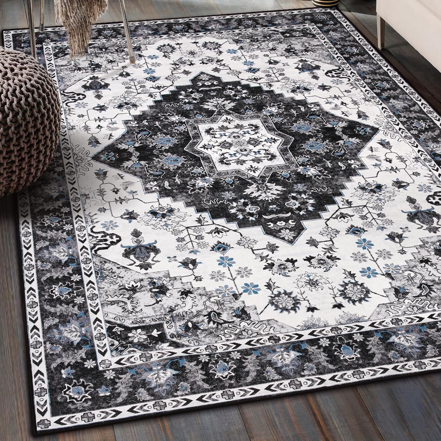 Amearea Vintage Design Area Rugs for Living Room, 4×6 Machine Washable Floral Collection Traditional Bedroom Rug, Low Pile Cute Kids Room Print Carpet, No Slip Office Kitchen Home Decor, Black