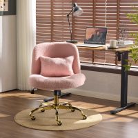VINGLI Wide Criss Cross Legged Office Chair,Buttprint Ergonomic Desk Chair Comfy with Pillow&Gold Base,Dual-Use with/no Wheels,Adjustable Vanity Swivel Chair for Bedroom,Home Office,Teddy Fleece,Pink - Image 8