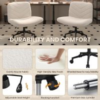 Yaheetech Wide Criss Cross Legged Office Desk Chair with No Wheels, Vanity Comfy Swivel Computer Chairs for Home Office Reading Makeup, Ivory - Image 4