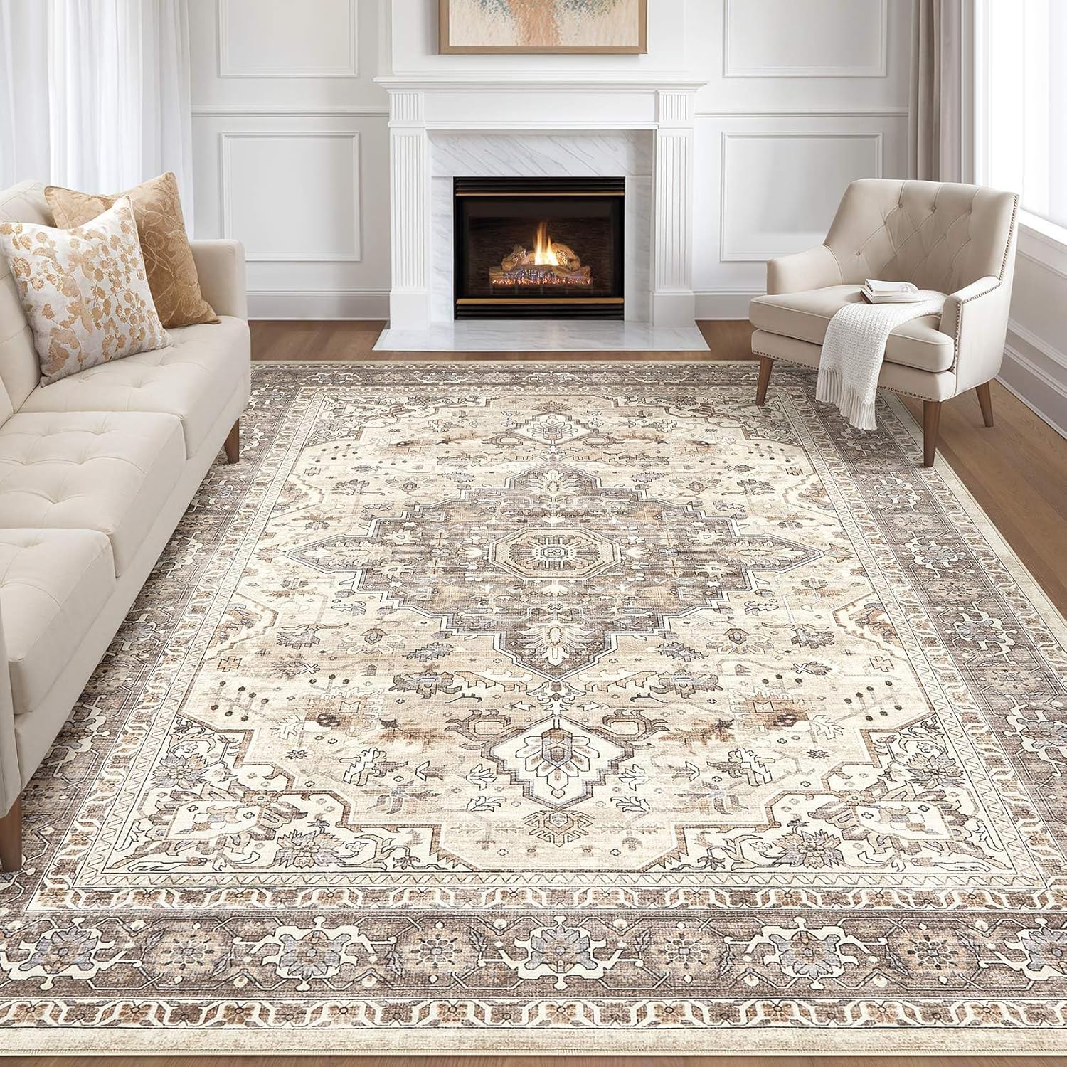 9×12 Area Rug Living Room: Washable Boho Large Neutral Vintage Soft Rugs Stain Resistant Farmhouse Non Slip Indoor Floor Carpet for Bedroom Nursery Kids Playroom Office Dining Room Home Decor- Brown
