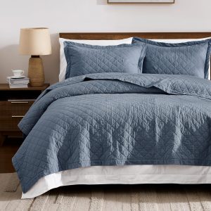 WDCOZY 100% Cotton King Size Quilt Set - Dusty Blue Ruffle Box Soft Lightweight Bedspread, Textured Like Linen, Farmhouse Country Rustic Coverlet, Shabby Chic Gauze Bedding, 3 Pieces