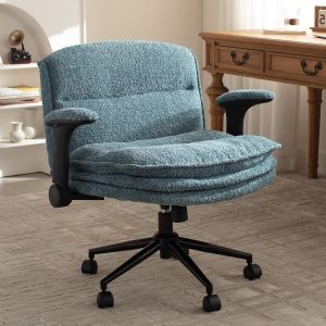 Dowinx Criss Cross Chair with Adjustable Flip-up Arms and Wheels, Comfort Ergonomic Office Desk Armchair with 3 Layer Cushions, Wide Seat Vanity Chair for Home Office, Living Room, Bedroom, Blue