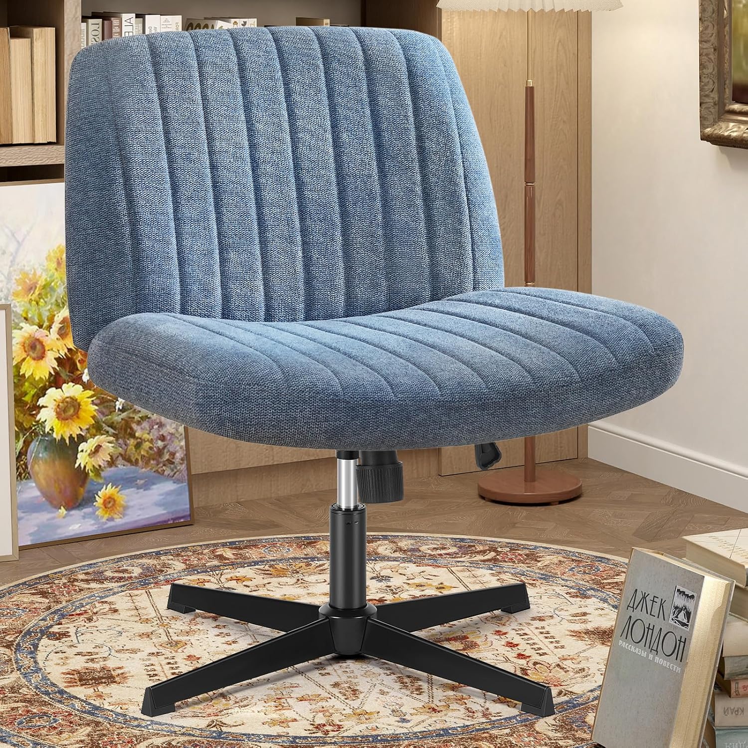 OLIXIS Criss Cross Chairs Legged Armless No Wheels Wide Seat Height Adjustable Swivel Rolling Padded Fabric Home Office Desk Seating for Bedroom, Student, Study Room