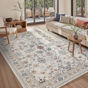 5x7 Area Rugs for Bedroom & Living Room - Washable Floral Boho Vintage Rug,Soft & Non-Slip,Low Pile Wool Carpet for Indoor Dining Room,Girls Room,Nursery Room and Kids Room(Grey)