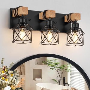 FadimiKoo 3-Light Farmhouse Vanity Light for Bathroom, Wood Bathroom Light Fixtures Over Mirror, Industrial Black Vanity Light with Metal Lampshade for Bedroom Hallway Living Room