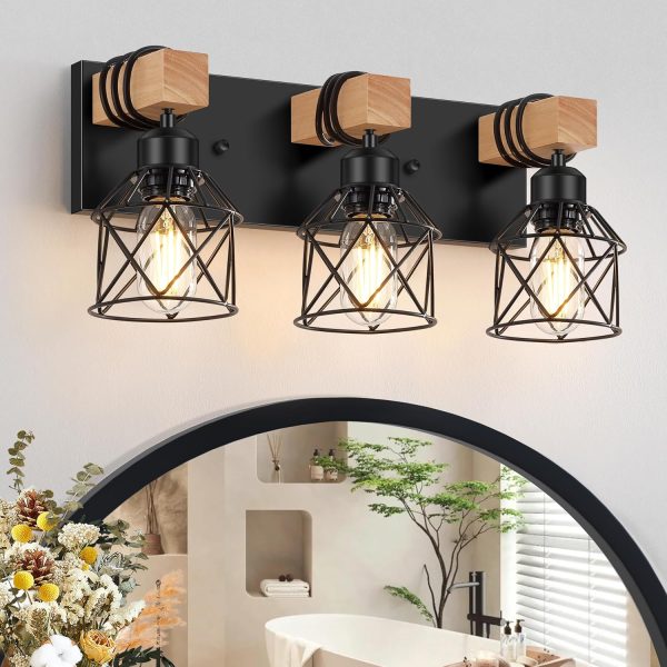 FadimiKoo 3-Light Farmhouse Vanity Light for Bathroom, Wood Bathroom Light Fixtures Over Mirror, Industrial Black Vanity Light with Metal Lampshade for Bedroom Hallway Living Room