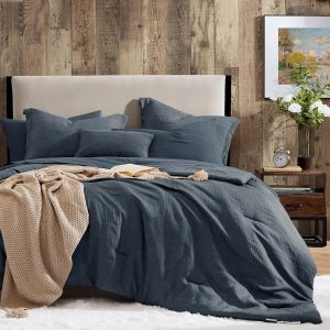 Geniospin King Size Comforter Set- 7 Piece Navy Blue Textured King Bedding Set, Soft Solid Bed in a Bag for All Season, King Comforter Set with Sheets(Navy Blue,102''x90'')