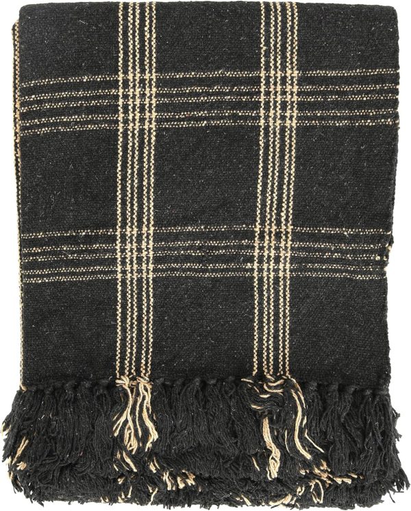 Plaid Black & Tan Fringed Woven Cotton Blend Throw