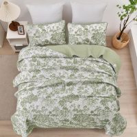WONGS BEDDING Botanical Quilt Set Queen Size, Sage Green 3 Pieces Toile Floral Plants Printed Bedspread Bedding Set Soft Lightweight Microfiber Coverlet Set for All Season (96"x90") - Image 3