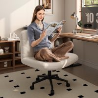 Yaheetech Wide Criss Cross Legged Office Desk Chair with No Wheels, Vanity Comfy Swivel Computer Chairs for Home Office Reading Makeup, Ivory - Image 3