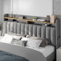 EnHomee Queen Bed Frame with 2-Tier Storage Headboard, Upholstered Platform Queen Size Bed Frame with 2 Storage Drawers, Sturdy Wooden Slats Support, Noise-Free, No Box Spring Needed, Grey - Image 5