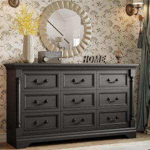 LIKIMIO Farmhouse Dresser for Bedroom with 9 Drawers, 58" Wide Wood Chest of Drawers with Roman Column, Dresser TV Stand for 65", Closet Storage Dressers Organizer for Bedroom, Living Room, Hallway