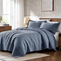 WDCOZY 100% Cotton King Size Quilt Set - Dusty Blue Ruffle Box Soft Lightweight Bedspread, Textured Like Linen, Farmhouse Country Rustic Coverlet, Shabby Chic Gauze Bedding, 3 Pieces - Image 8