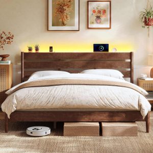 SONGMICS HOME King Bed Frame with Solid Wood Legs Slats, Platform Bed with Headboard, LED Lights, Charging Station, Mid-Century Modern Style, No Box Spring Needed, Coffee Brown URMB414K02