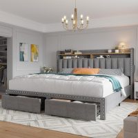EnHomee Queen Bed Frame with 2-Tier Storage Headboard, Upholstered Platform Queen Size Bed Frame with 2 Storage Drawers, Sturdy Wooden Slats Support, Noise-Free, No Box Spring Needed, Grey - Image 8