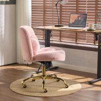 VINGLI Wide Criss Cross Legged Office Chair,Buttprint Ergonomic Desk Chair Comfy with Pillow&Gold Base,Dual-Use with/no Wheels,Adjustable Vanity Swivel Chair for Bedroom,Home Office,Teddy Fleece,Pink - Image 5