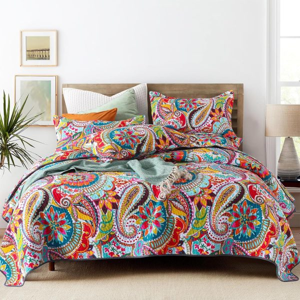 Qucover California King Quilt, Boho Paisley Pattern Colorful Cotton Quilt, 3 Piece Lightweight Oversized King Quilt, with Pillow Shams, Multicolor Red, Pink, Orange and Blue Cal King Quilt, 118x106