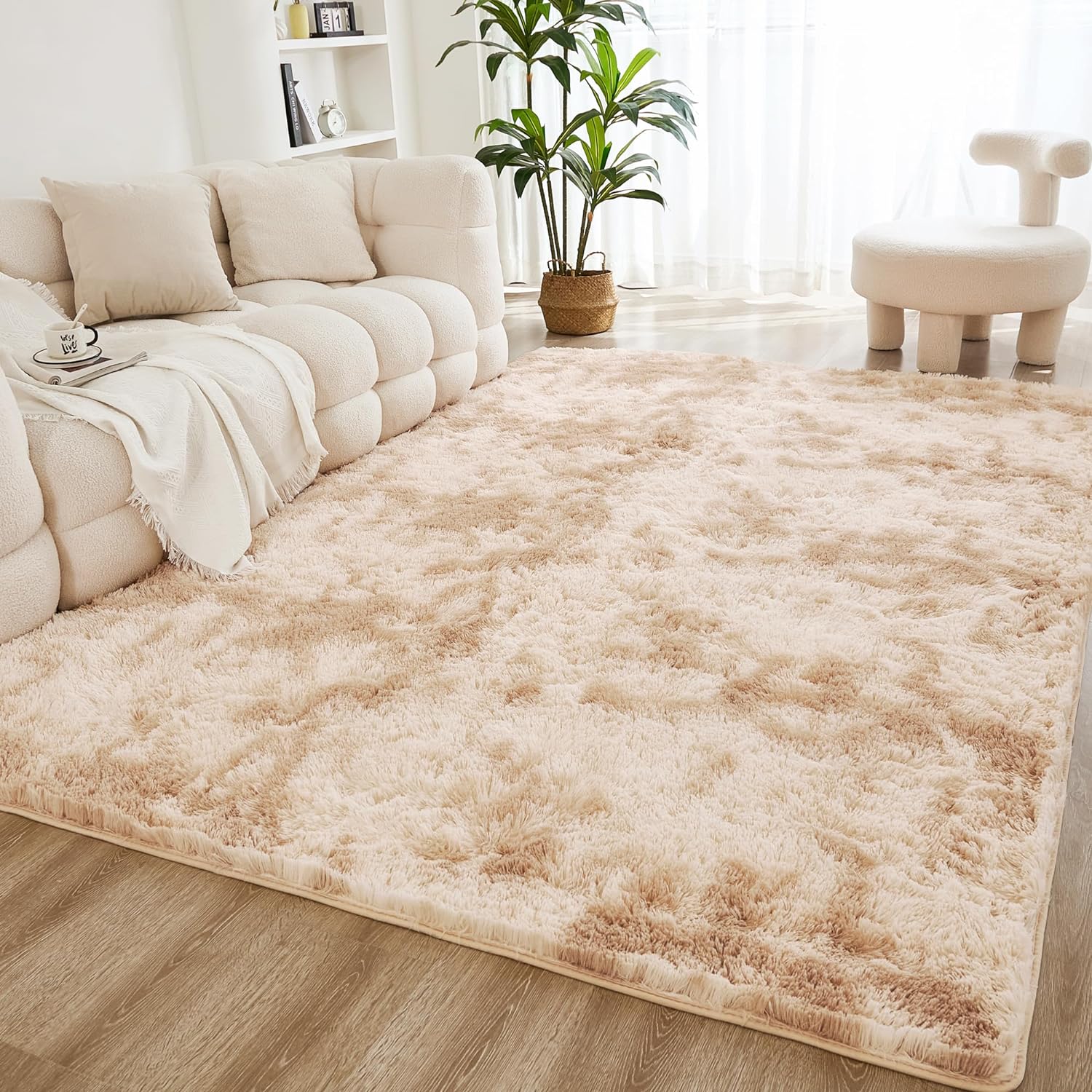 Litanika 4×6 Shag Area Rug for Living Room Bedroom, Tie-Dyed Beige High Pile Soft Plush Shaggy Furry Cream Bedside Playroom Dorm Carpet, Non-Slip, Non-Shedding Modern Indoor Floor Rug