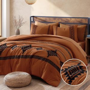 MAIREVE Burnt Orange Embroidery Comforters Set Queen Size - 7 Pieces, Farmhouse Western Bedding All Season, Bed in A Bag Queen Boho Comforter Set with Sheets, Pillowcases & Shams