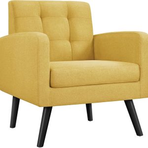 Yaheetech Mid-Century Accent Chairs, Modern Upholstered Living Room Chair, Cozy Armchair Button Tufted Back and Wood Legs for Bedroom/Office/Cafe, Yellow