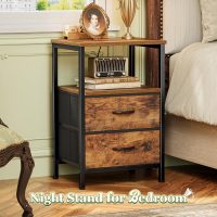 Huuger Night Stand Set of 2, Nightstand with 2 Drawers, Bed Side Table with Open Shelf, Wooden Top, End Table, Fabric Drawer, for Bedroom, Rustic Brown - Image 4