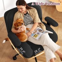 Cross Legged Office Chair with Flip-Up Arms, Wide Criss Cross Chair with Wheels & Extra-Deep Seat Thickened for Home Office,Vanity, Bedroom,Apartment Dorms,Plush Cushion,Cute,Comfy,Black - Image 6