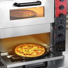 Commercial pizza oven with open door showing a freshly baked cheese pizza on a metal pan. Oven has digital controls and a wood-grain panel with logo.