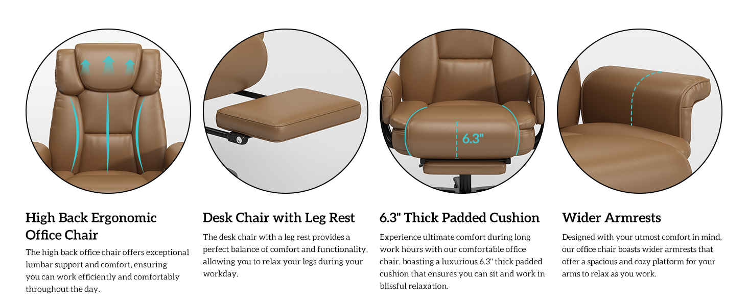 leather office chair, brown office chair, office chair with foot rest
