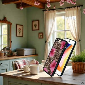A vibrant floral arrangement with pink hibiscus flowers and leopard print fabric on a wooden surface