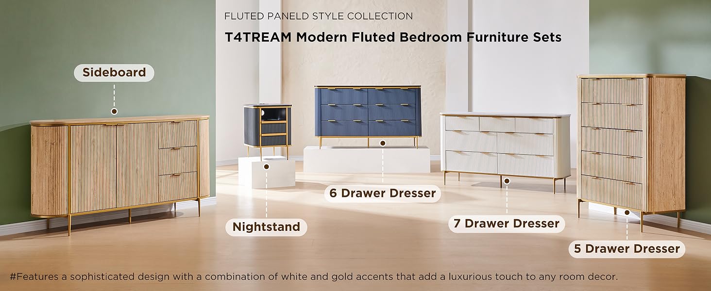 T4TREAM Fluted 6 Drawers Dresser for Bedroom, 54&amp;#34; Wide Modern Dresser TV Stand