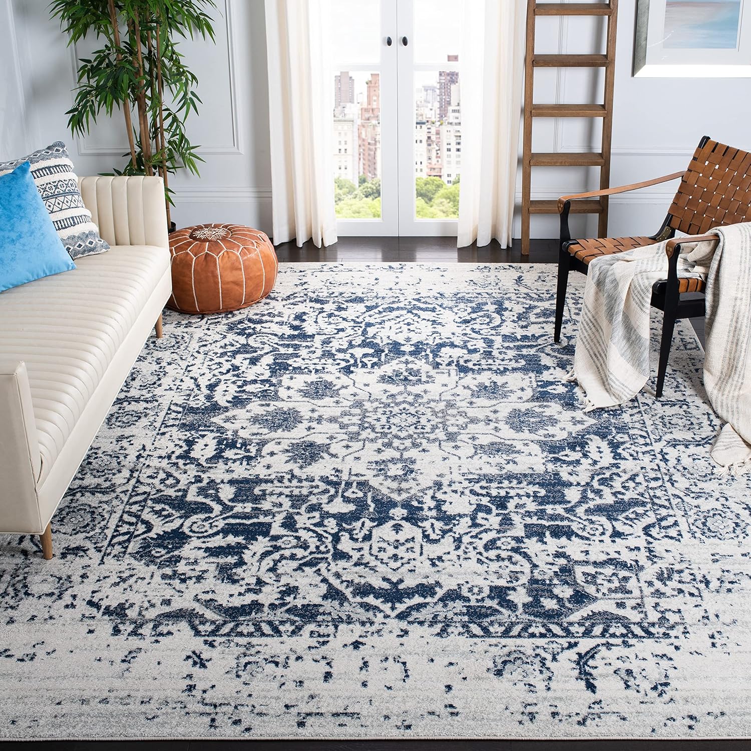 SAFAVIEH Area Rug 8×10 – Madison Collection – Large – Cream & Navy, Snowflake Medallion Distressed Design, Non-Shedding & Easy Cleaning, Ideal for Living Room, Bedroom, Office, Dining Space (MAD603D)