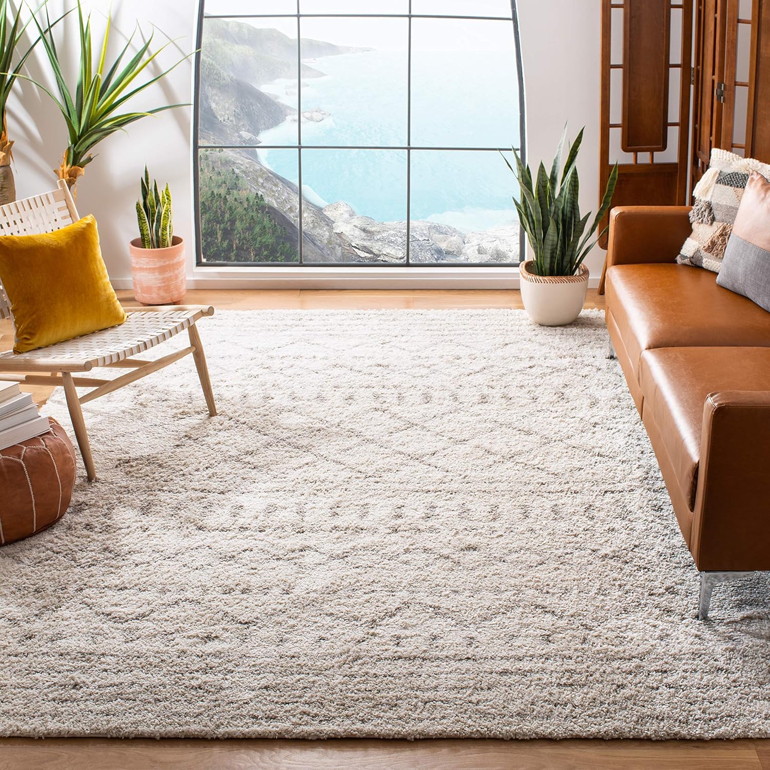 SAFAVIEH Area Rug 8×10 – Arizona Shag Collection – Large – Ivory & Beige, Moroccan Design, Non-Shedding & Easy Cleaning, Ultra Plush Thick Pile, Ideal for Living Room, Bedroom, Dining Space (ASG741A)