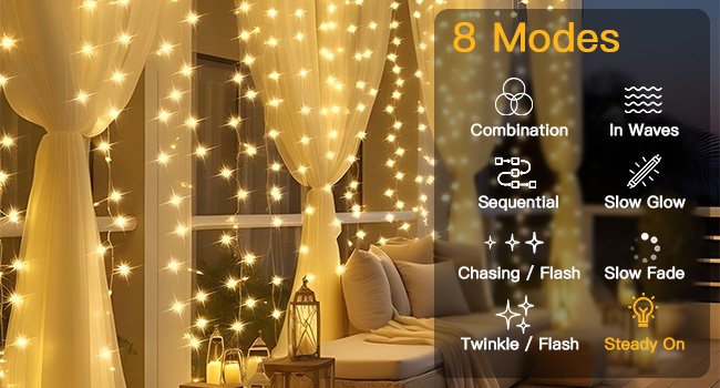 warm white string lights with 8 modes