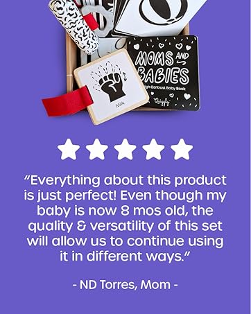 Glowing review of the high contrast baby toy set showcasing versitility and longevity of the toys