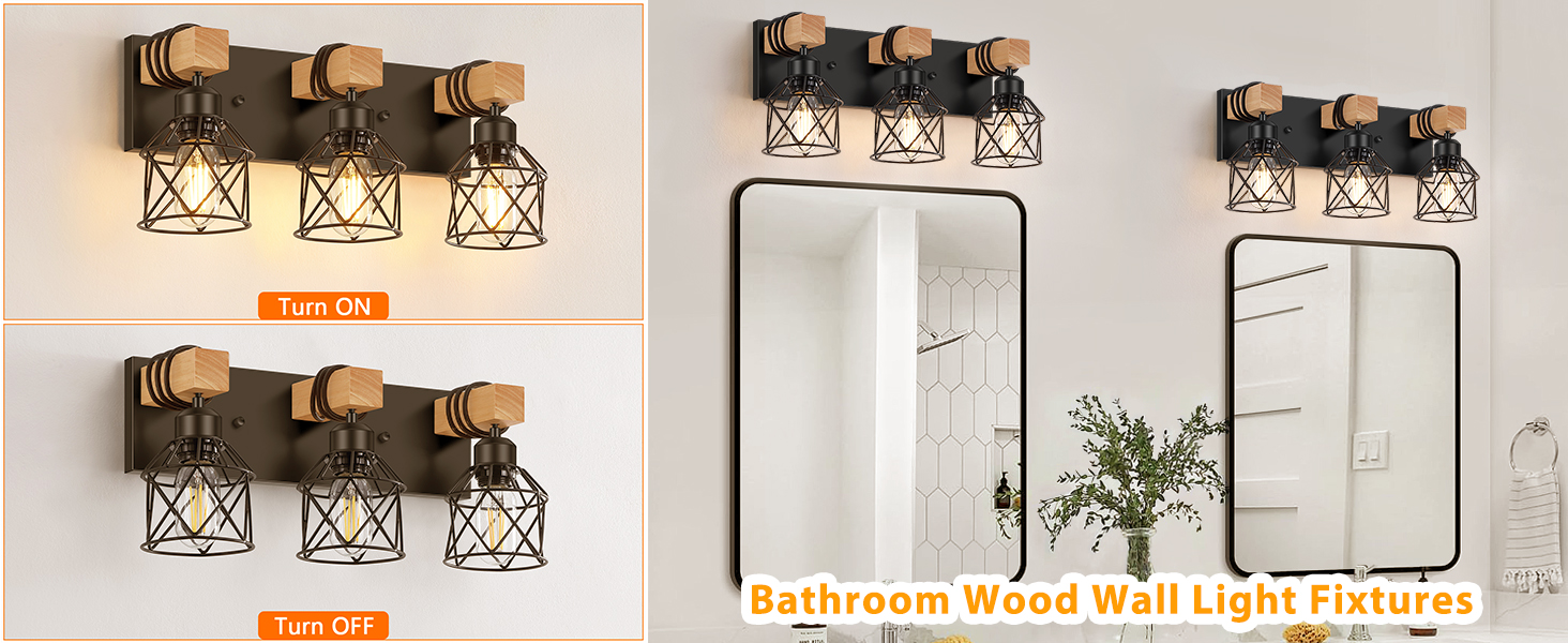 3-Light Rustic Wood Sconces with Metal Cage Lampshade