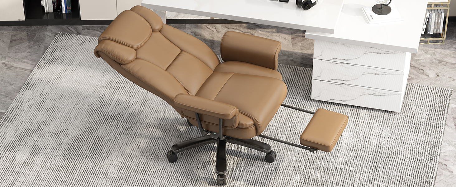 reclining office chair with footrest, brown office chair, desk chair with foot rest