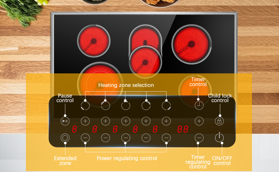 36 Inch Electric Cooktop, 5 Bunner Electric Stove Top With Touch Control, 8400W Bulit-in Stove