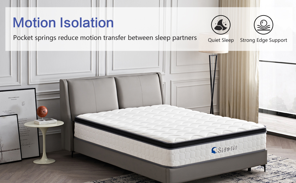 Sigolit mattress highlighting motion isolation and quiet sleep features.