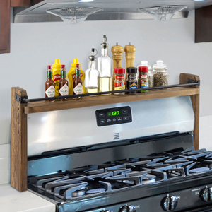 Stove Top Spice Rack Solid Wood Industrial Black Metal Over The Stovetop Range Storage Display Shelf