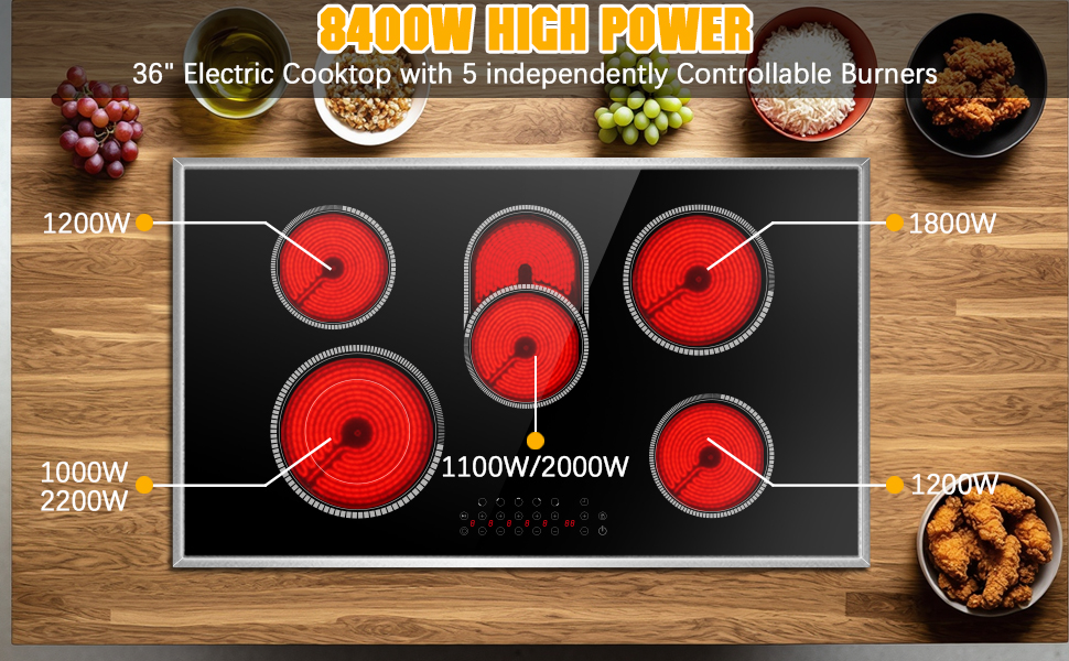 36 Inch Electric Cooktop, 5 Bunner Electric Stove Top With Touch Control, 8400W Bulit-in Stove