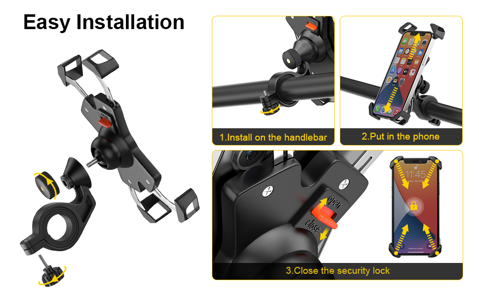 visnfa New Bike Phone Mount with Stainless Steel Clamp Arms Anti Shake and Stable 360° Rotation 