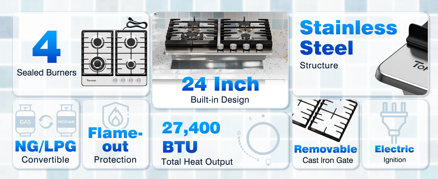 24 inch gas cooktop 4 burners